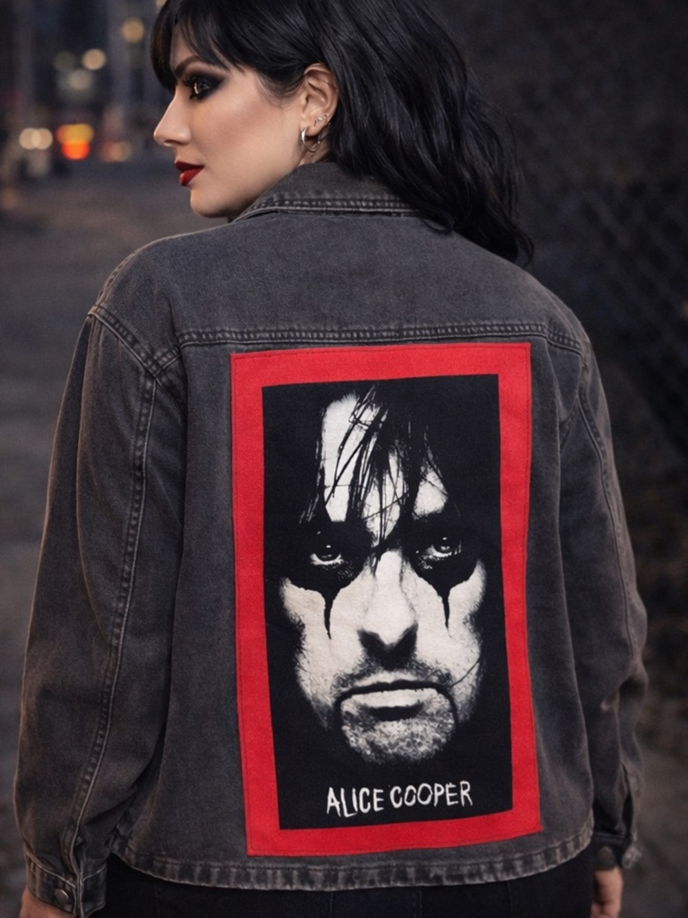 Custom Upcycled Alice Cooper Black Denim Boyfriend Shirt Size L OOAK Snap Front